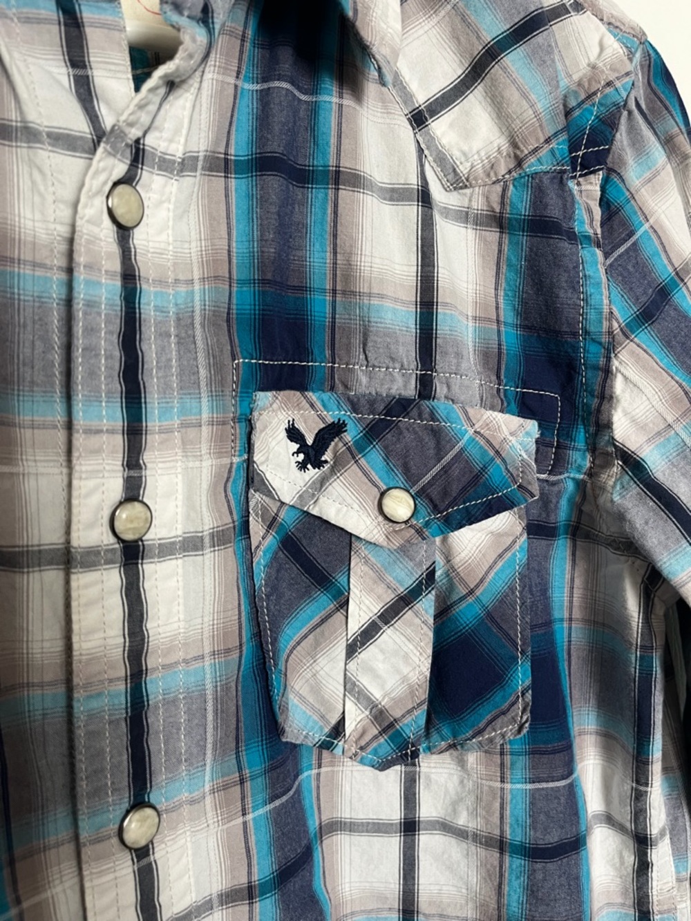 Men's XS Plaid Button-Down Shirt in Teal and Gray - American Eagle Vintage Fit - Picture 2 of 5